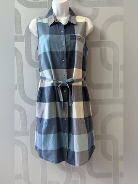 Sleeveless Blue Plaid Button-Front Shirt Dress with Tie Belt